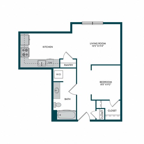 Floor plan for studio, 1 bath, 543 sqft